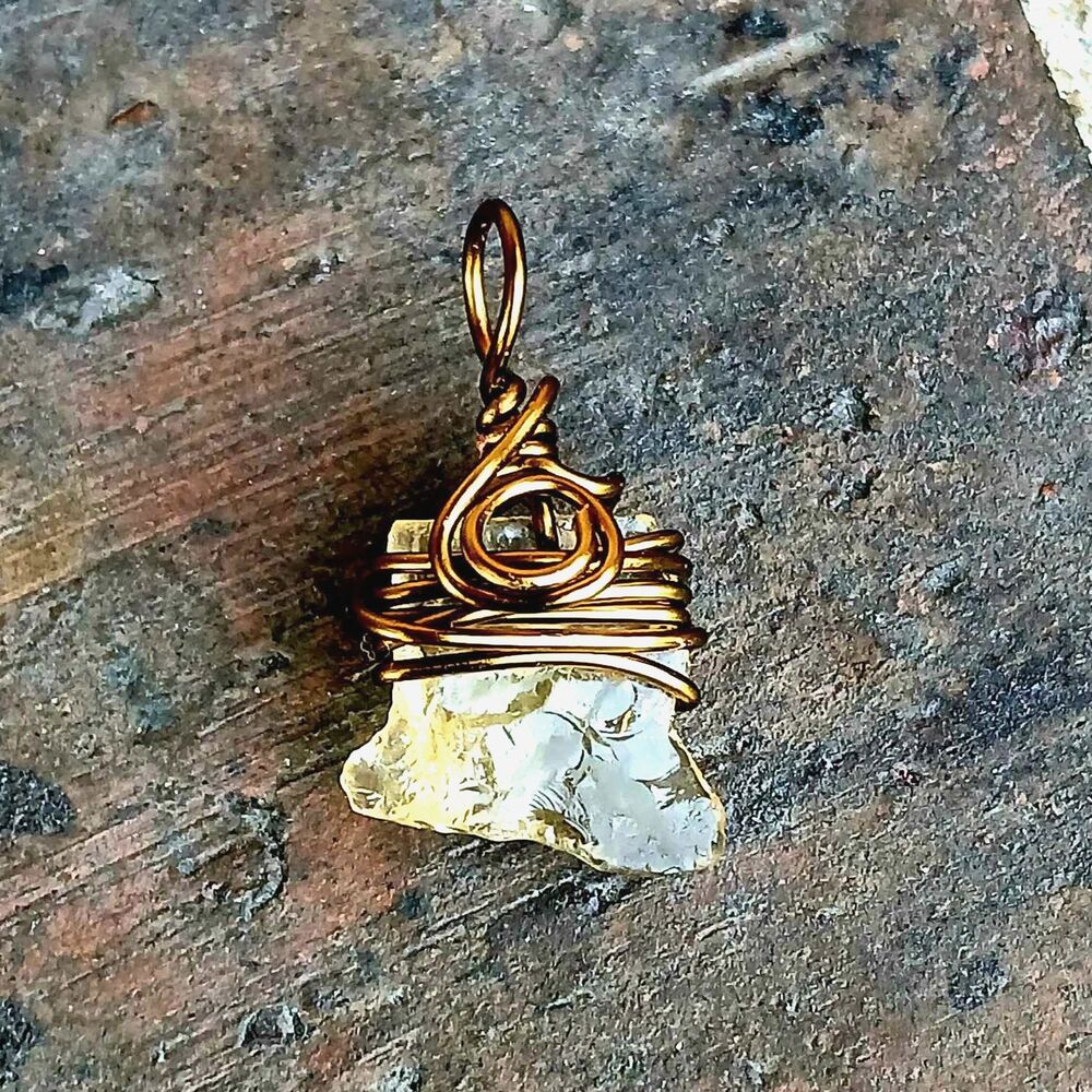 Raw Citrine Crystal Charm Pendant, Wire Wrapped, Bronze, 1"
